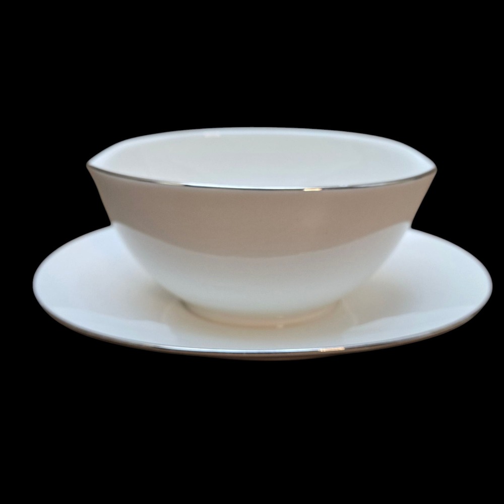 VTG Noritake Ivory China Gravy Boat Fixed Underplate Silver‎ Trim